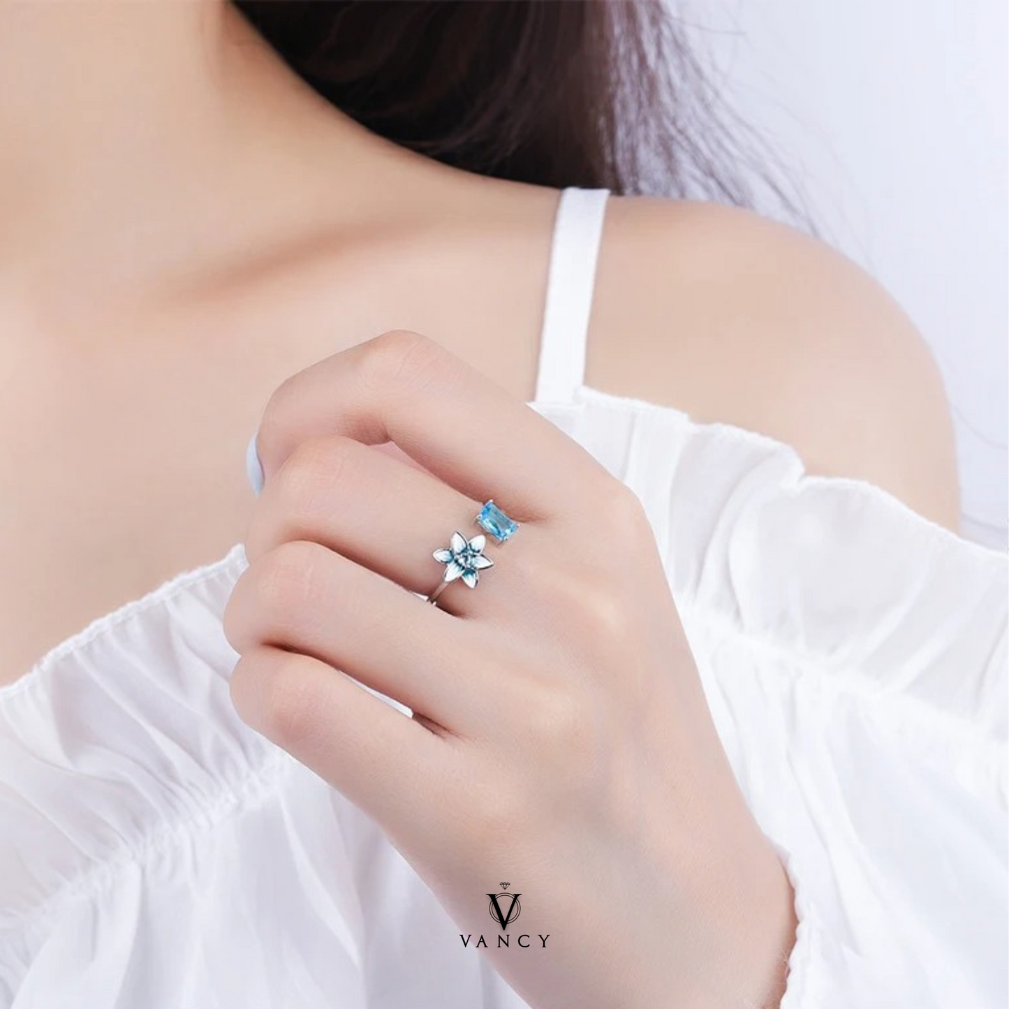 Flor Zafiro Azul Anillo de Plata 925